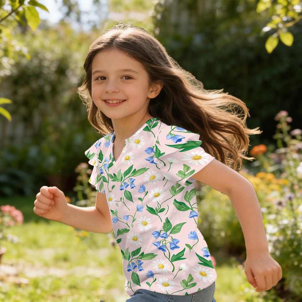 Meisjes V-hals Korte Mouw Bloemenprint T-shirt Casual Ruchemouw Shirt Lichtgewicht Ademend Zomer Topje voor Kinderen