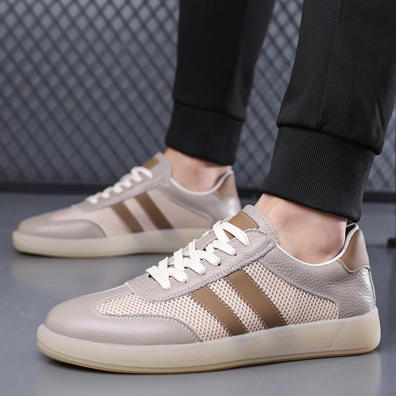 Shoes for Men Genuine Leather Casual Shoes Fashion Striped Breathable Mesh Flat Skateboard Shoes Street Lace-up Sneakers