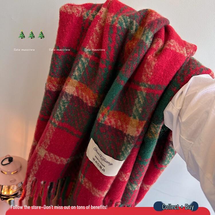 Red Tassel Plaid Scarf: Warm & Versatile Winter Shawl for Women