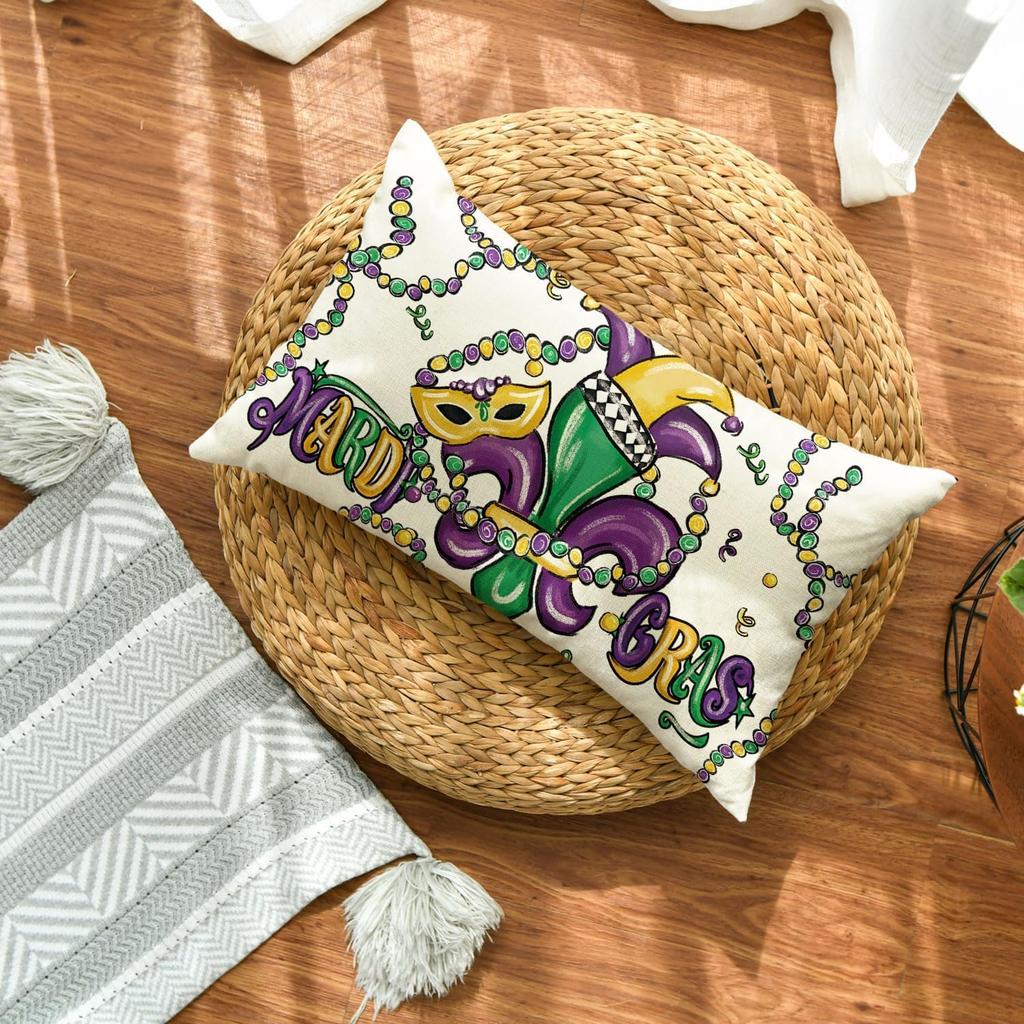 AVOIN Colorlife Mardi Gras Mask Fleur De Lis Beads Throw Pillow Cover, 12 X 20 Inch Carnival Happy Holiday Party Cushion Case Decoration for Sofa