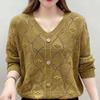 Spring and Autumn Casual Hollow Out Long Sleeved Sweater for Women V-neck Loose Solid Color Sweater for Women