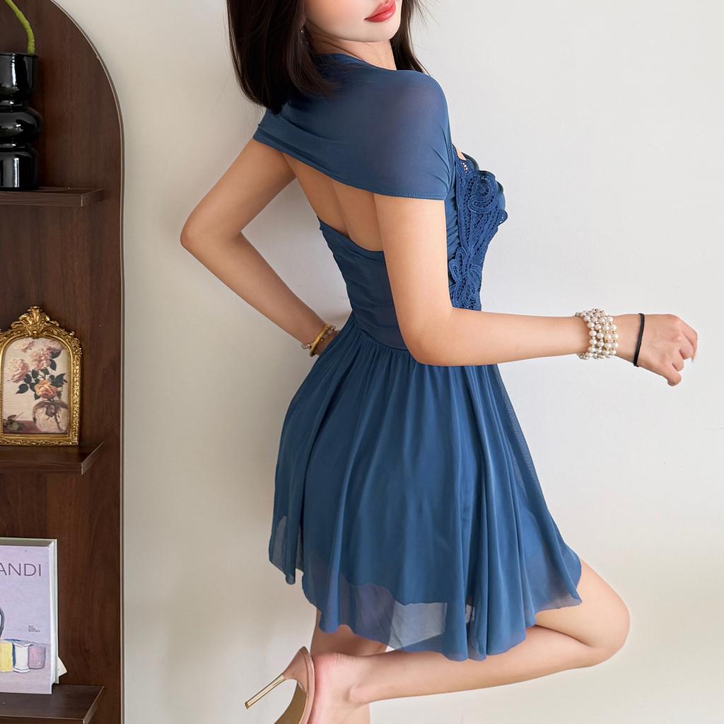 European and American style 2026 summer new women's clothing irregular perspective mesh lace splicing suspender dress women