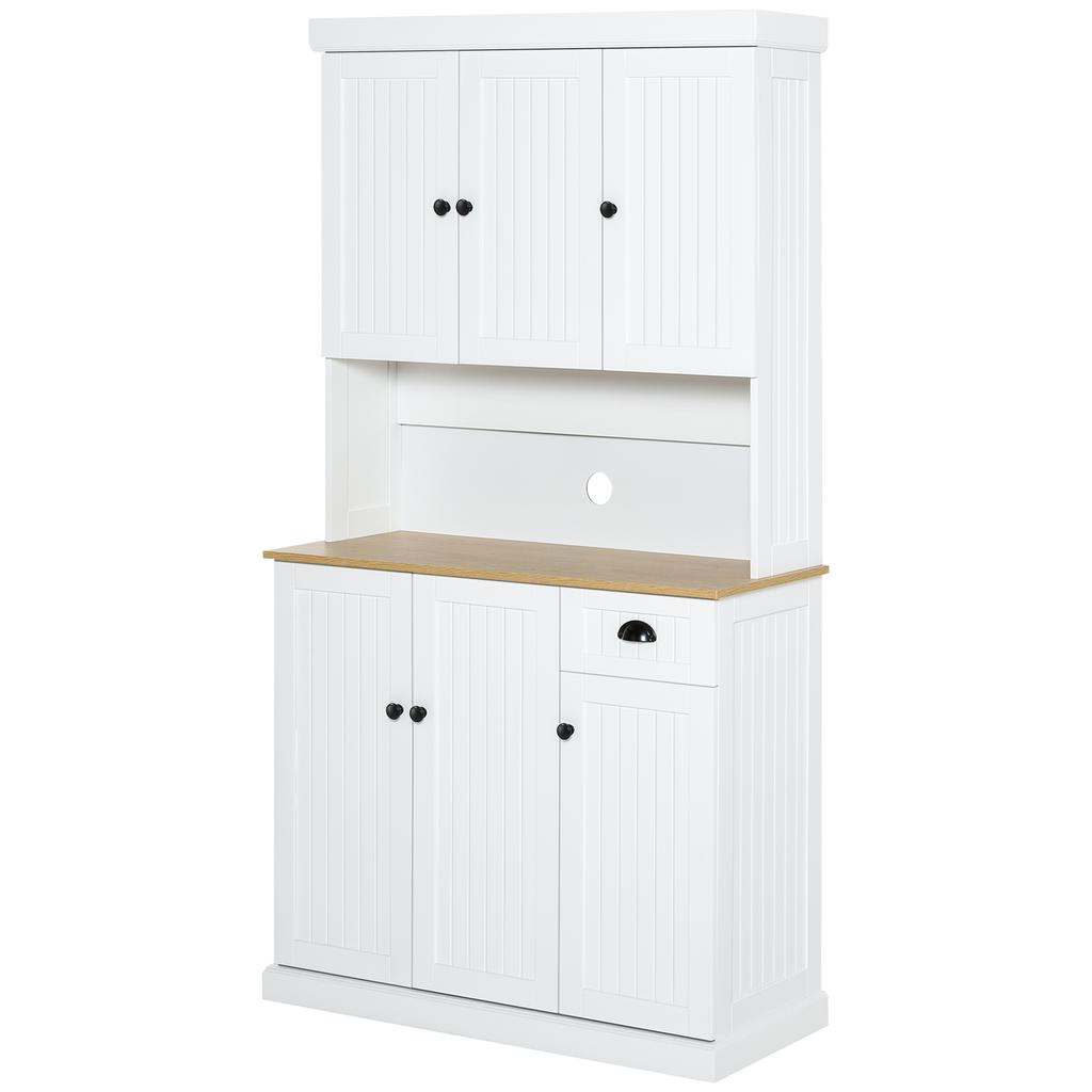 180cm Freestanding Kitchen Cabinet, Modern Storage Cupboard with Open Countertop, Drawer and 6 Doors, White