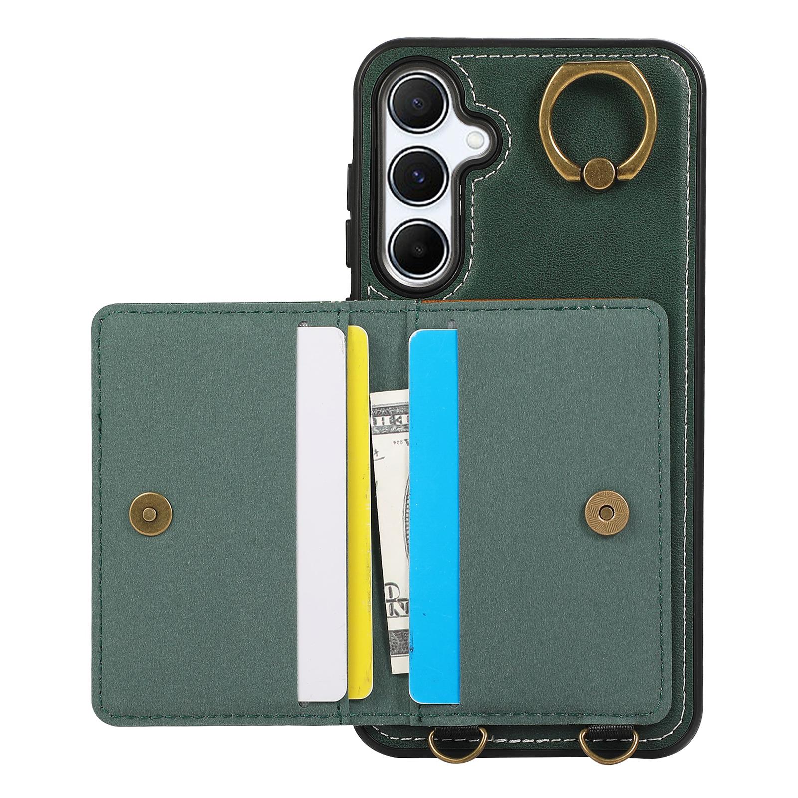 

For Samsung Galaxy A34 5G PU Leather Back Case Card Holder Kickstand Phone Cover with Wrist Strap Green