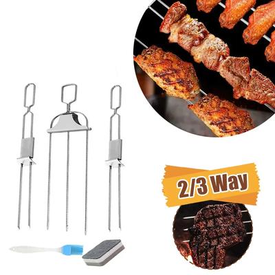 Shrimp Skewers for Barbecue, Two-way Kebabs, Three-way Kebabs, Stainless Steel, Reusable Semi-automatic Barbecue Forks,