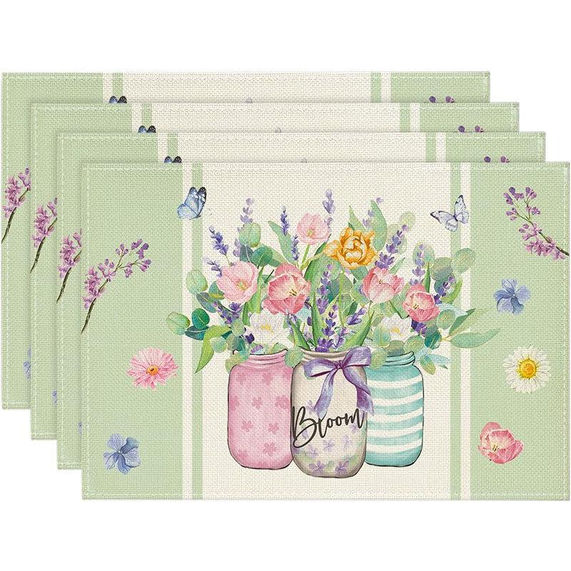 Весенний Цветок и Птица Салфетка под Тарелку Лен Цветочная Семья Повседневное Использование Декор Стола Теплоизоляционная Салфетка Весенняя Вечеринка Домашний Декор 4PC-30X45cm