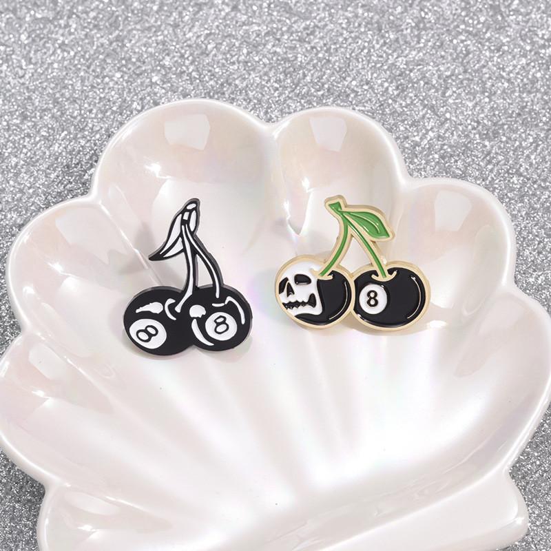 Stylish Black 8 Ball Design Metal Brooch Innovative Cherry Skull Cartoon Character Pin For Trendy Outfits