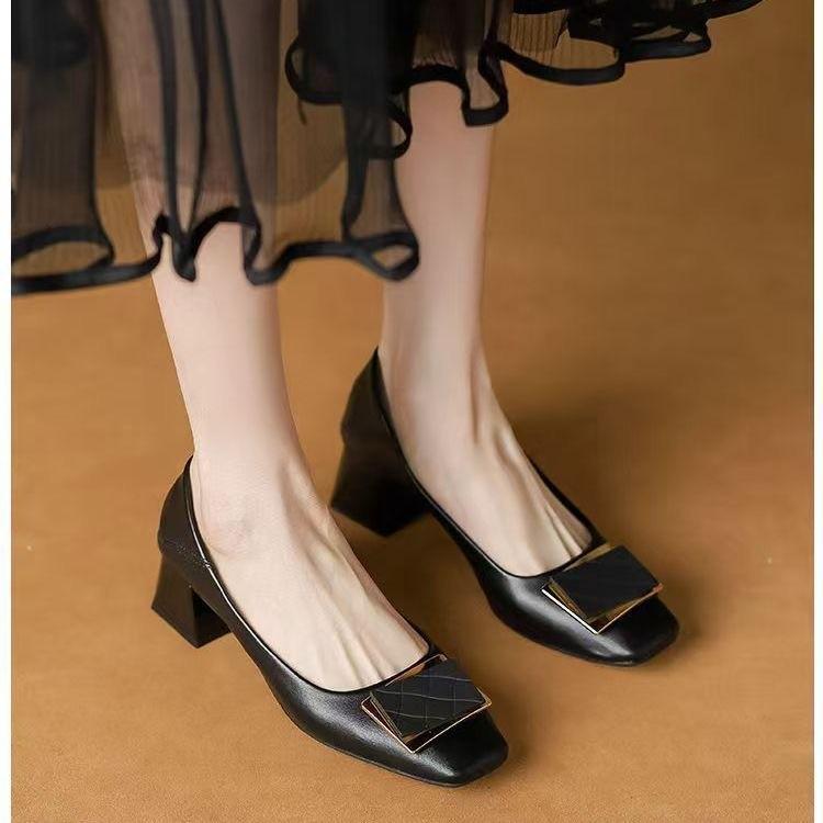 Work Shoes Women's Black New Square Head Thick Heel High Heels Professional Job Interview Not Tired Feet Women's Single Shoes