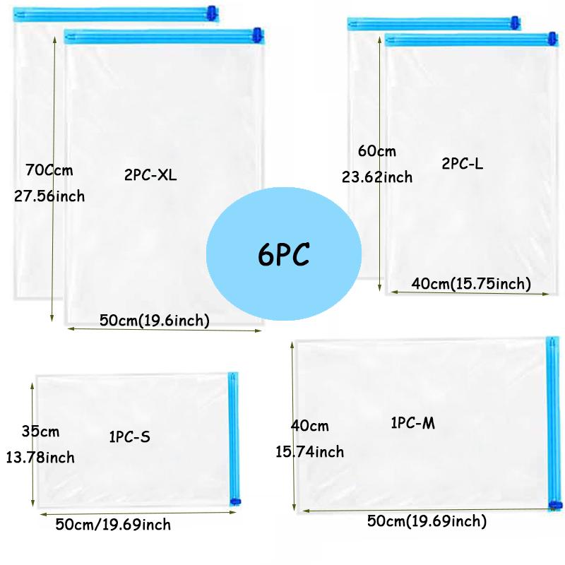 6PC Roll-Up Compression Vacuum Storage Bags Foldable Travel Space Saver Bags Plastic Compressed Home Clothes Storage Bags