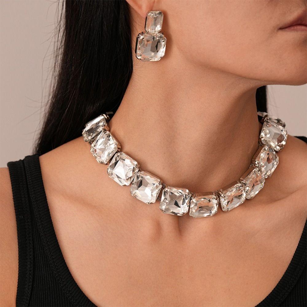 Multifunction Square Crystal Jewelry Set Korean Style Sparkling Necklace  Wedding