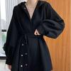 Trench coreano allentato autunnale con cintura con cappuccio Cappotto da donna nero