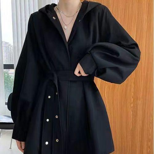 Trench coreano allentato autunnale con cintura con cappuccio Cappotto da donna nero
