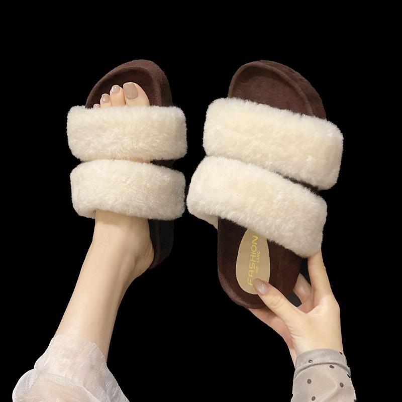 2026 Women's Fashion Slippers Round Toe Platform Sole One-line Fur Slippers Outdoor Fashion All-match Plus-size Cotton Slippers