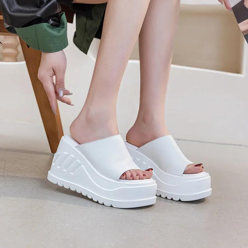 10CM Genuine Leather Sandals Platform Wedge Flats Women Sandals New Summer Hollow Beach Flip-flops with Bare Toes Slippers Shoes