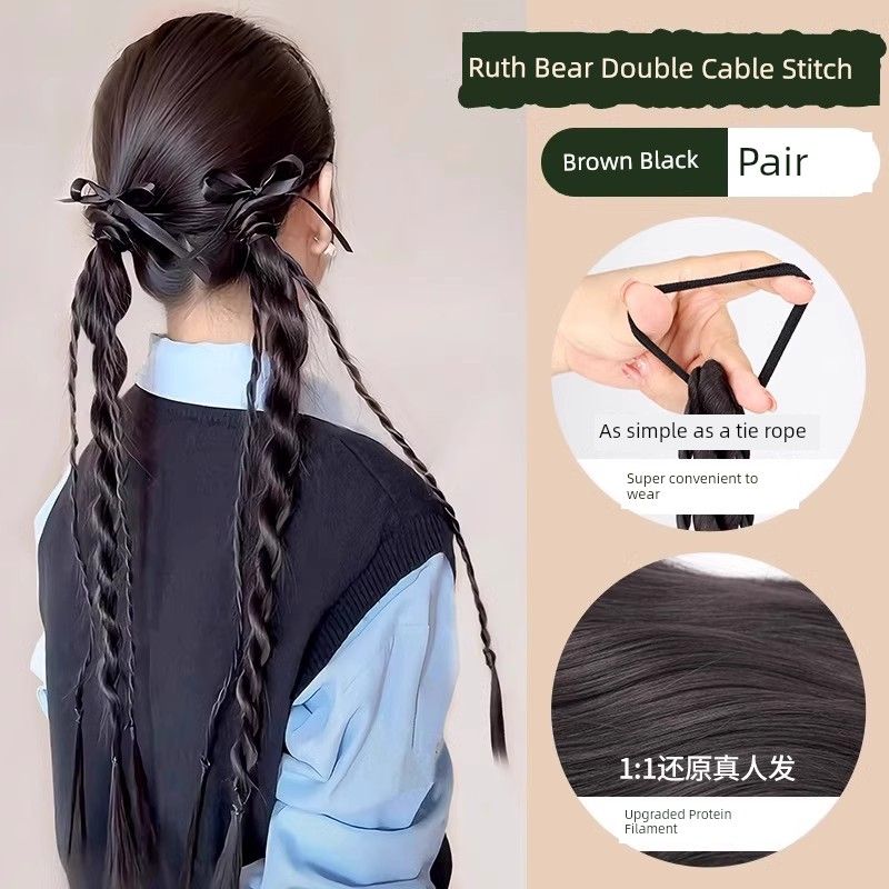 

False Braids Women s Double Twist Braid Hair Accessories Lusi Same Style Bear Ribbon Twist Braid Preppy Style False Braids Ponytail Sweet Han Man Preppy style [Brown black] a pair