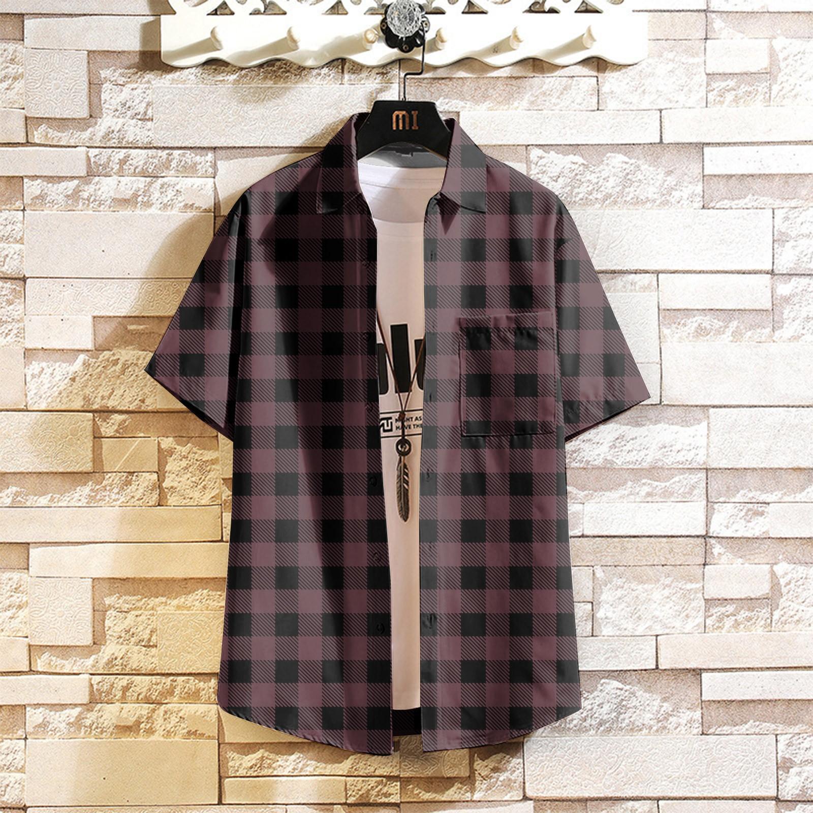 

Чоловіча картата сорочка, сорочка з коротким рукавом, літній повсякденний одяг XXL винний