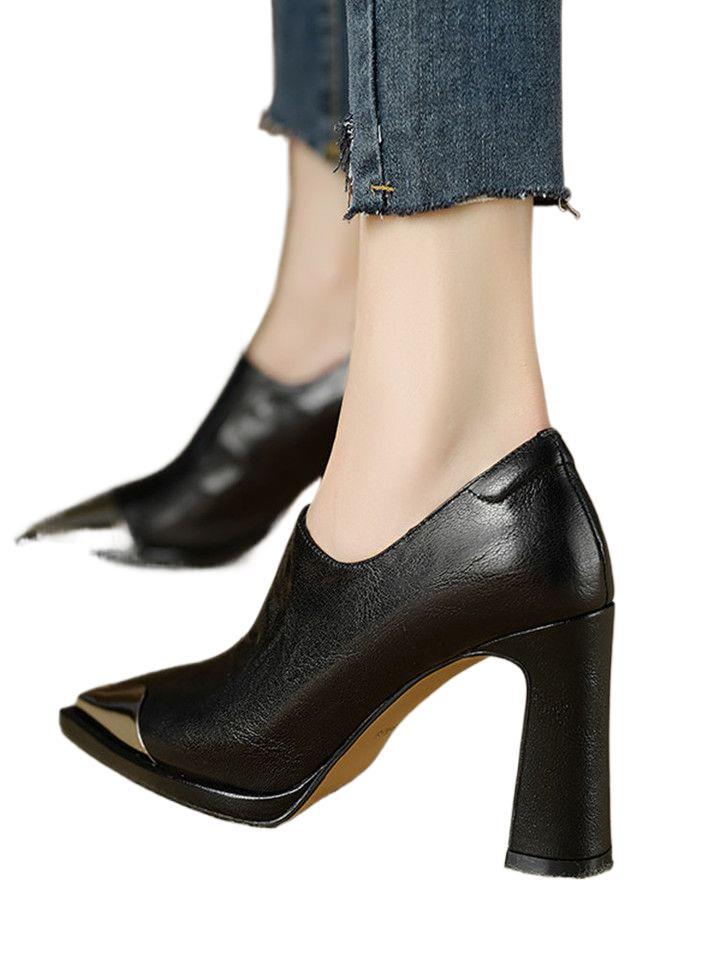 Deep Mouth Single Shoes Women's Pointed High Heels 2025 New Fashion British Style Anti-collision Metal Head Black Small Leather Shoes