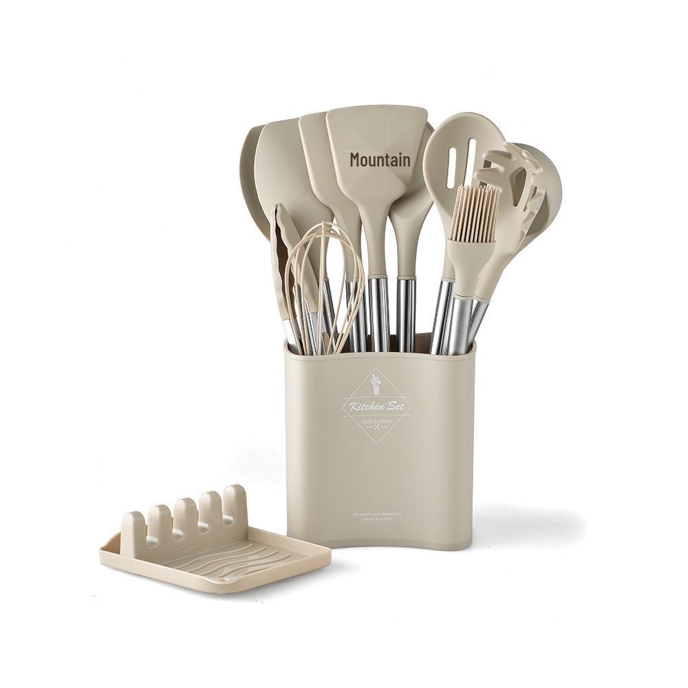 13-Piece Stainless Steel Handle Silicone Kitchen Tools Set - Non-stick Frying Pan, Spatula, Spoon, and More