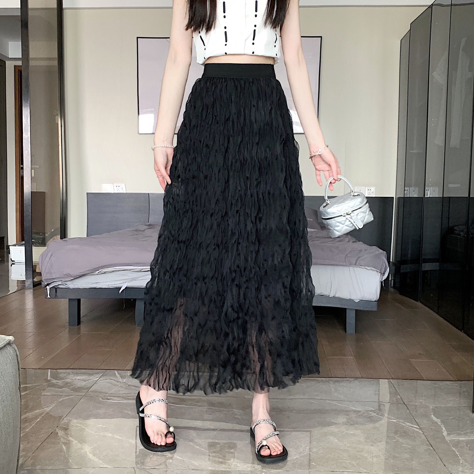 

Женская весенне-летняя юбка миди из французской сетки - Сладкая абрикосовая длинная юбка с плиссированной высокой талией и нежным дизайном L чёрный