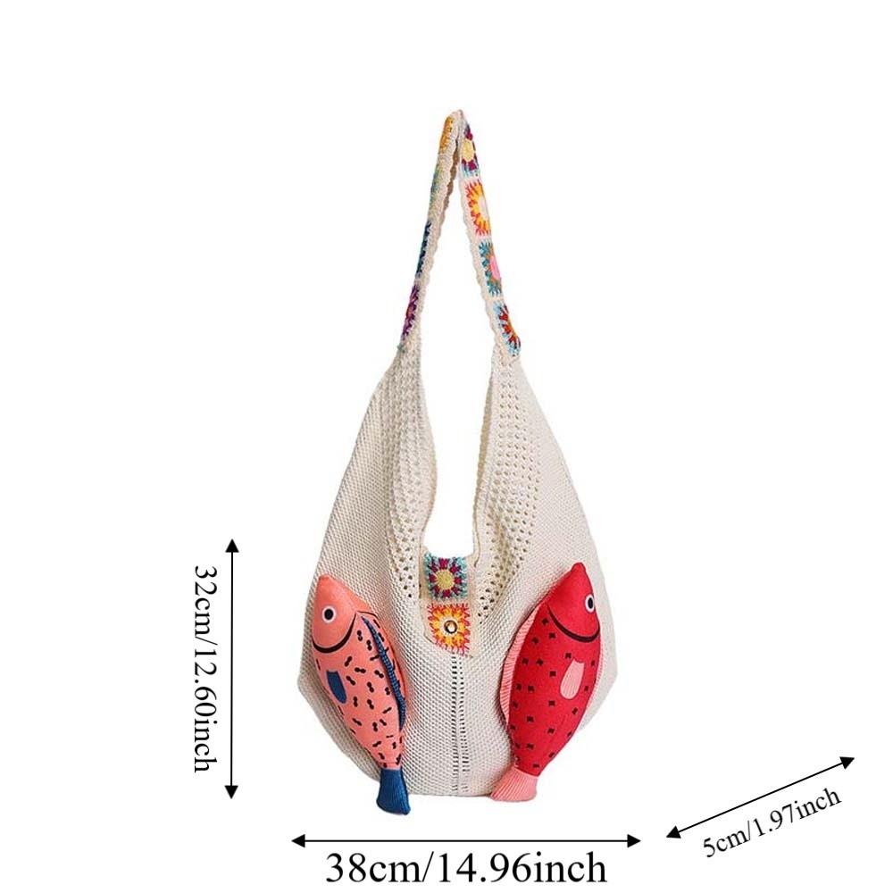 Fish Hollow Out Woven Bag Magnetic Buckle Tassels Beach Handbag Cotton Crochet Shoulder Bag  Beach