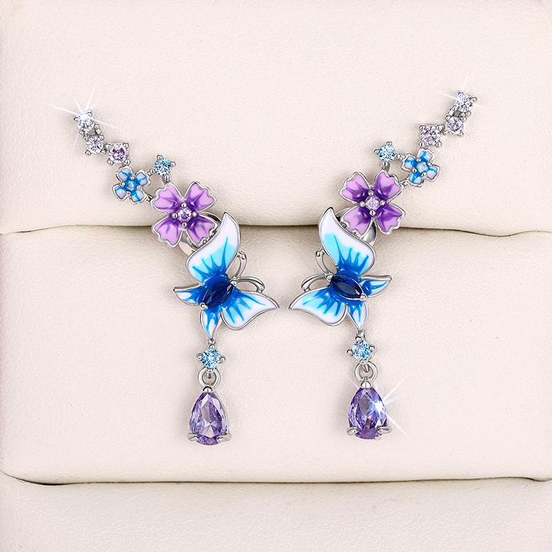 Huitan Aesthetic Flower Butterfly Pendant Earrings Lady Anniversary Party Accessories with Bright Zirconia Exquisite Zircon