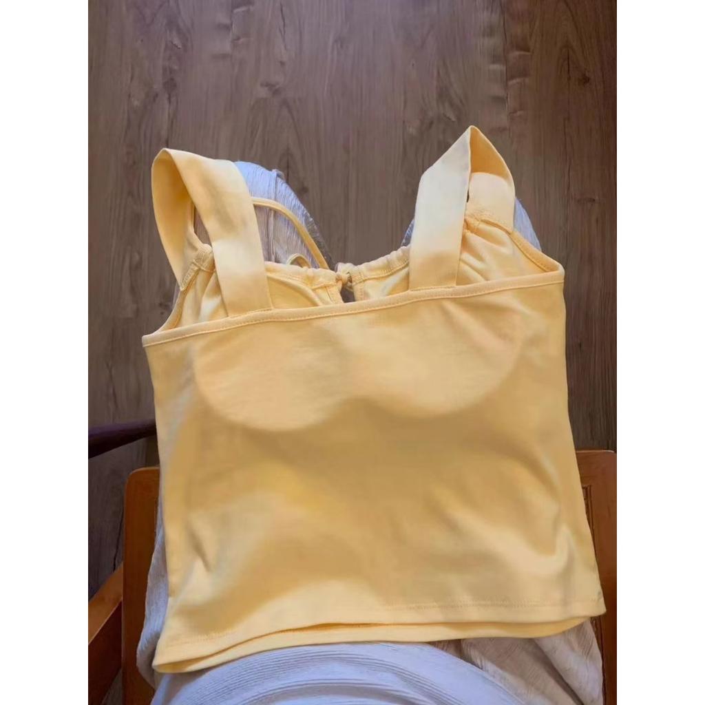 White Atmosphere Feeling Camisole Undershirt Women, Versatile with Bra Pads Department, with Bow Short Models Outside Slim Bottoming Tops