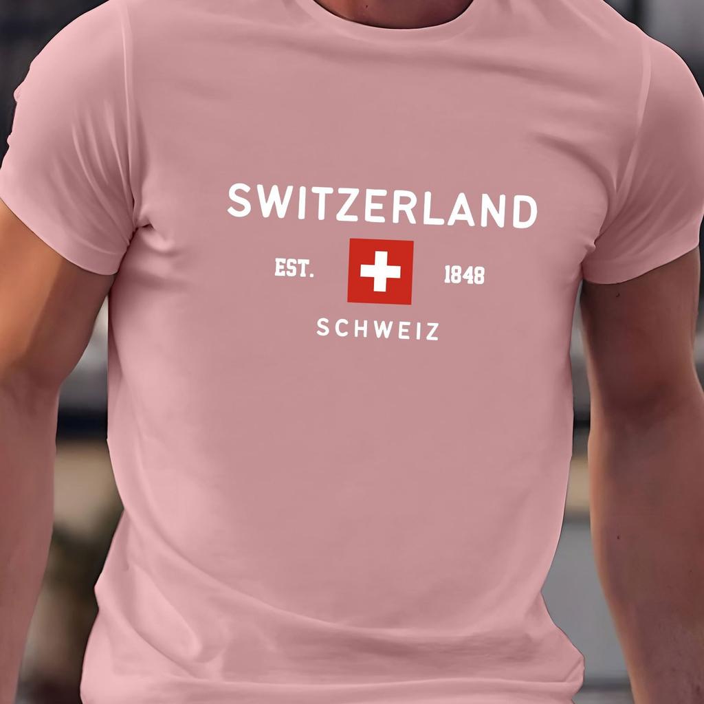 Summer Men's 100% Pure Cotton Casual Loose Plus Size Switzerland Pattern Printed Round Neck Short Sleeved T-shirt Top