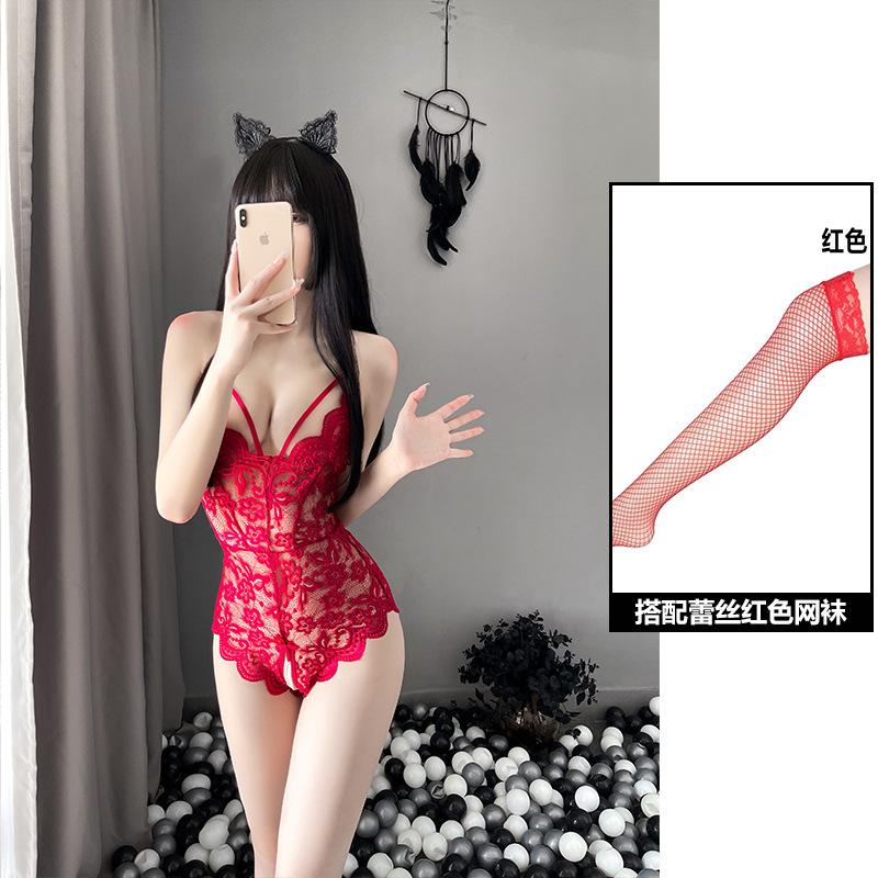 Sexy Underwear Lace Perspective Temptation Sexy Hot Onesie Open Crotch Passion Free Pure Desire Black Silk