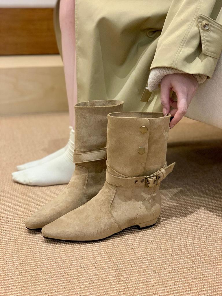 Coarse Heel Suede Medium Boots Women's 2025 Autumn and Winter Retro Spice Girl Style Western Cowboy Boots with Skirt Skinny Boots Short Boots