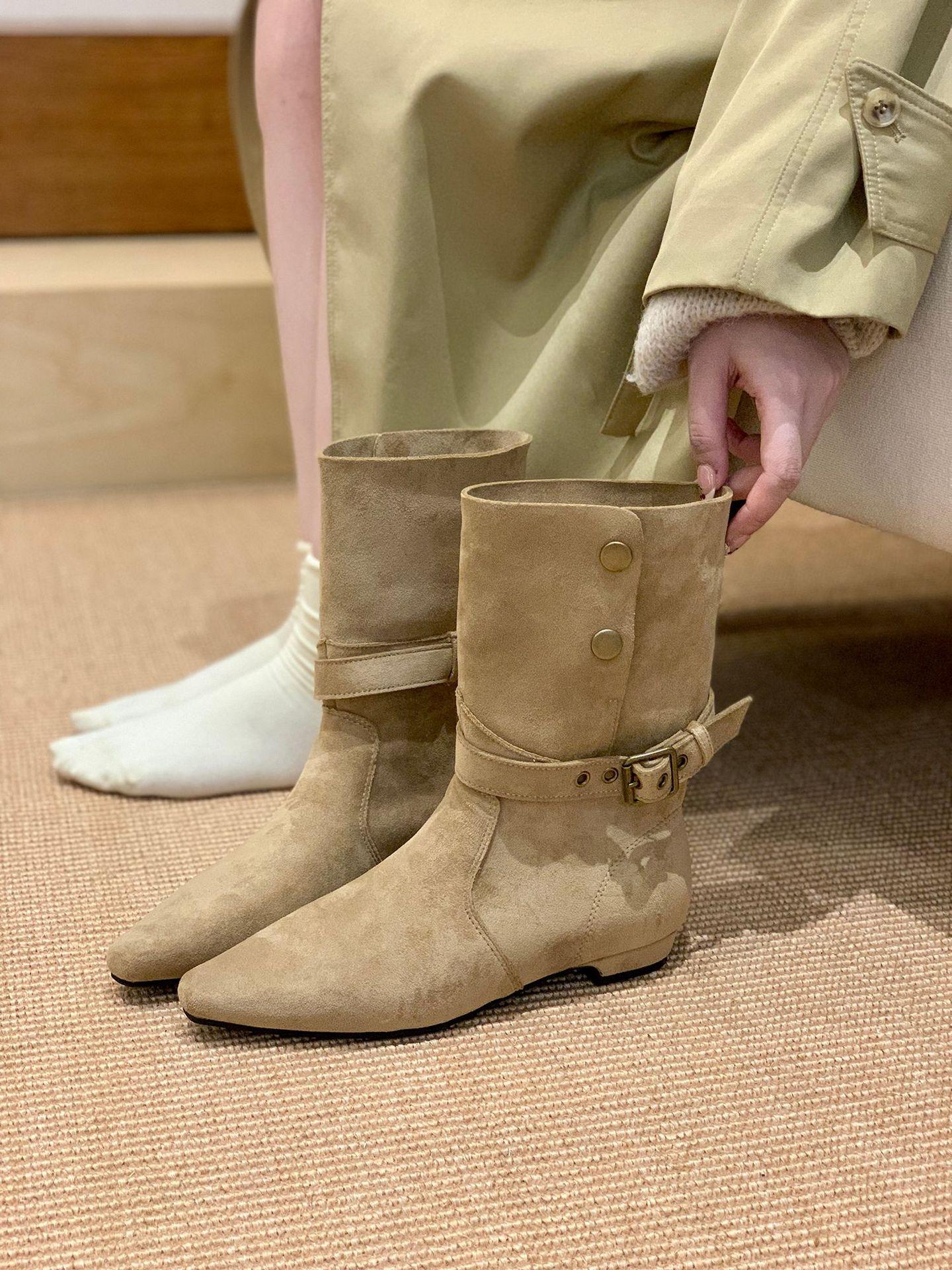 

Coarse Heel Suede Medium Boots Women s 2025 Autumn and Winter Retro Spice Girl Style Western Cowboy Boots with Skirt Skinny Boots Short Boots 35 хаки