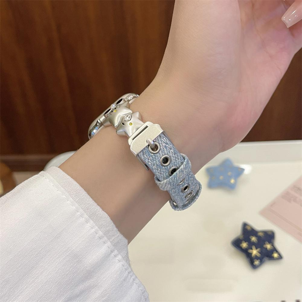 Bow & Star Spliced Denim Leather Strap For Apple Watch Series 11 10 9 8 7 6 SE 5 4 Ultra 3, iWatch 49/46/45/44/42/41/40/38mm Women Bracelet