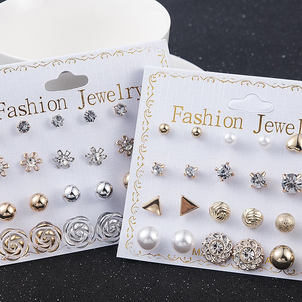 12 Pairs/Set Women's Pearl Flower Crystal Mix Design Studs Earrings Girls Elegant Gold Heart Ear Jewelry Gift Aretes De