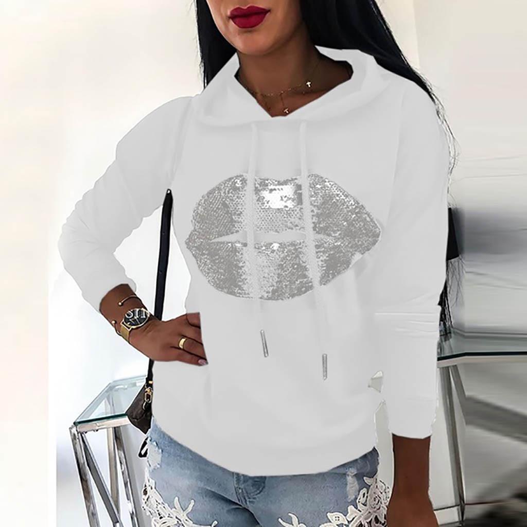 Женская толстовка с принтом губ и длинным рукавом, карманный пуловер ...