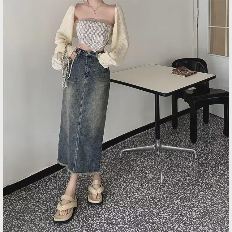 Women's Elastic Denim Retro Slit Skirt - High Waist, Slim, Straight, Medium Length, Autumn Style