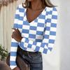 Women's Casual V-Neck Plaid Print Long Sleeve Ribbed Top for Fall and Everyday Wear