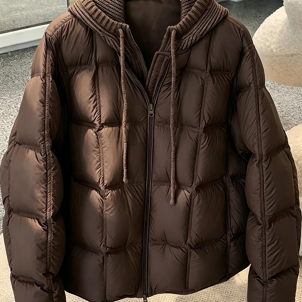 Knitted hooded puff cotton-padded clothes for women's new fake two-piece loose cotton-padded clothes, warm and thickened cotton-padded jacket.