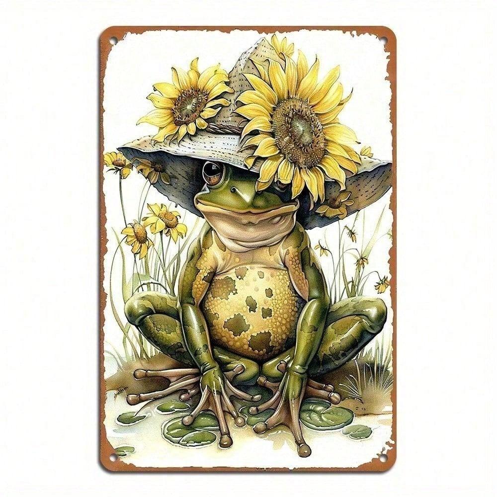 Vintage Frog Sunflower Hat Metal Wall Poster Garage Decor