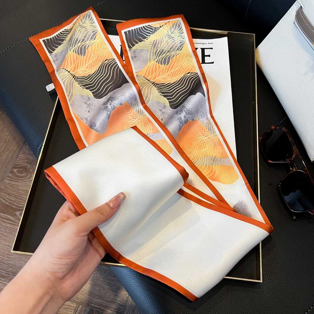 Long Silk Scarf Women's New Small Silk Scarf Printing Simulation Silk Tied Bag Streamer Explosion Sweet Little Scarf