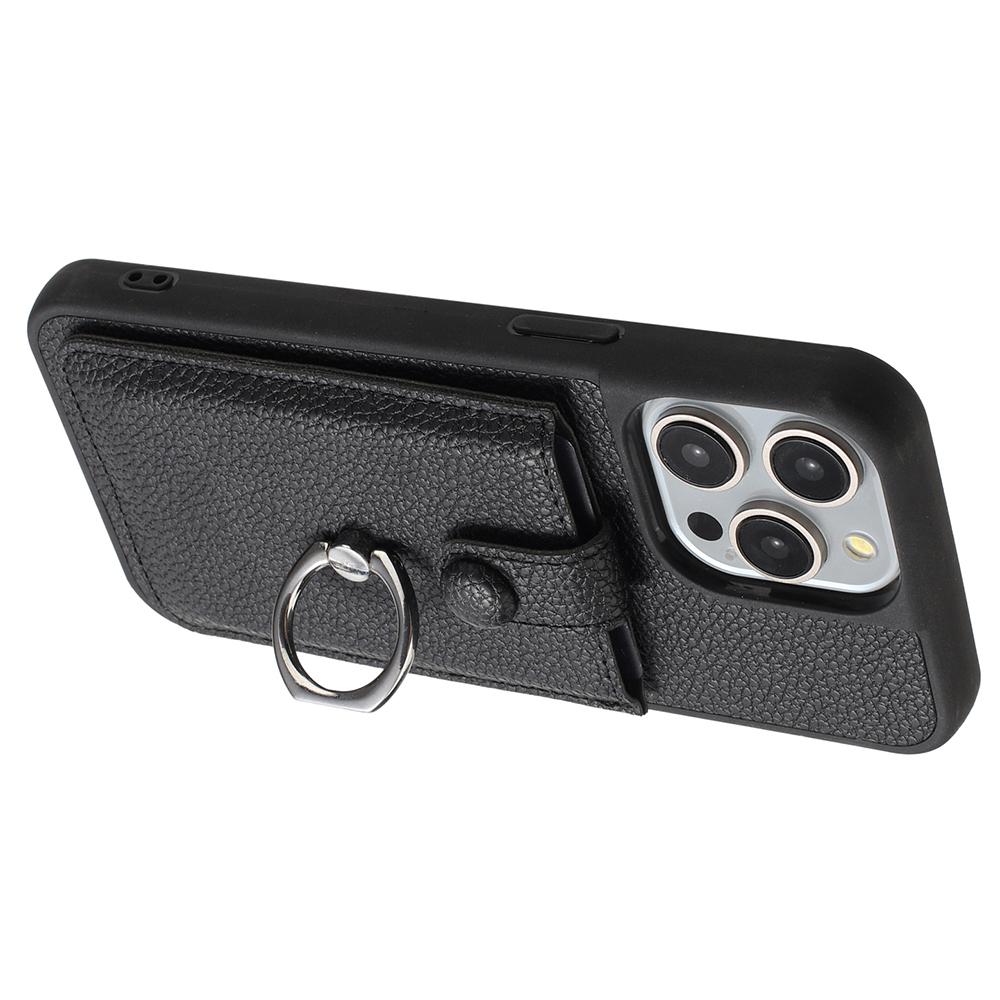 For iPhone 15 Pro Max Case Drawing Type Card Slots Litchi Texture Leather Back Cover with Ring Kickstand