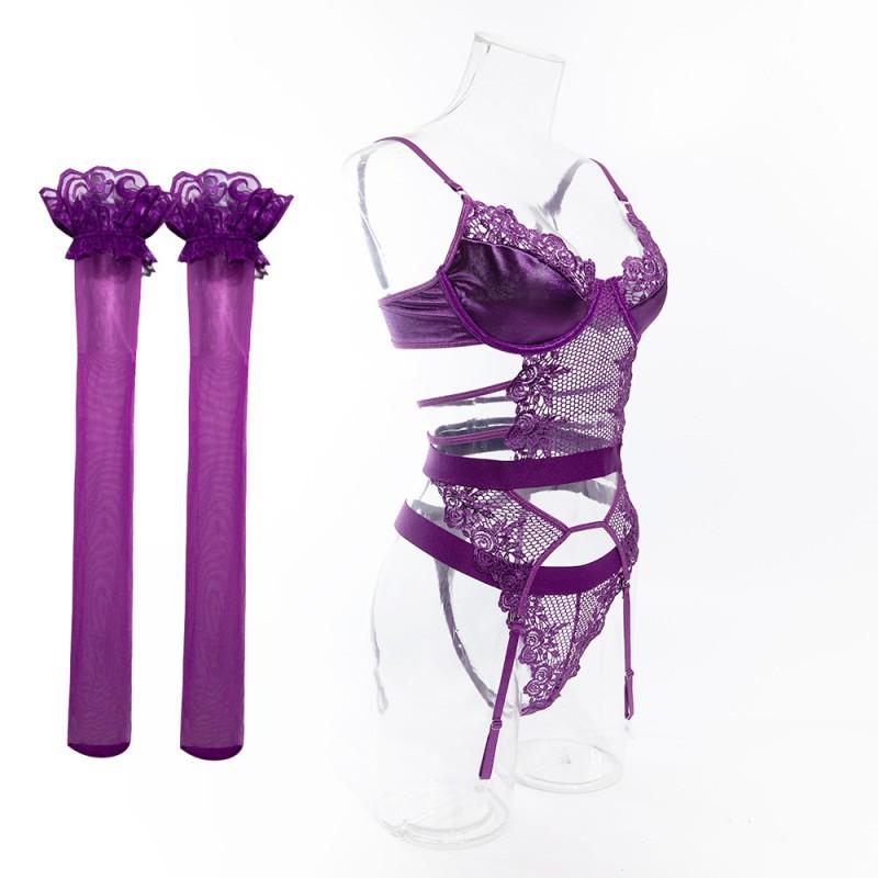Womens Lingerie Set Mesh Sheer Bra Garter Gloves Stockings Party Queen Roleplay