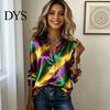 Comfortable Mardi Gras Tee Women Shirt Lapel Long Sleeve Striped Print Tops Buttons Vibrant Festival Placket Loose Fit Carnival Outfit Party