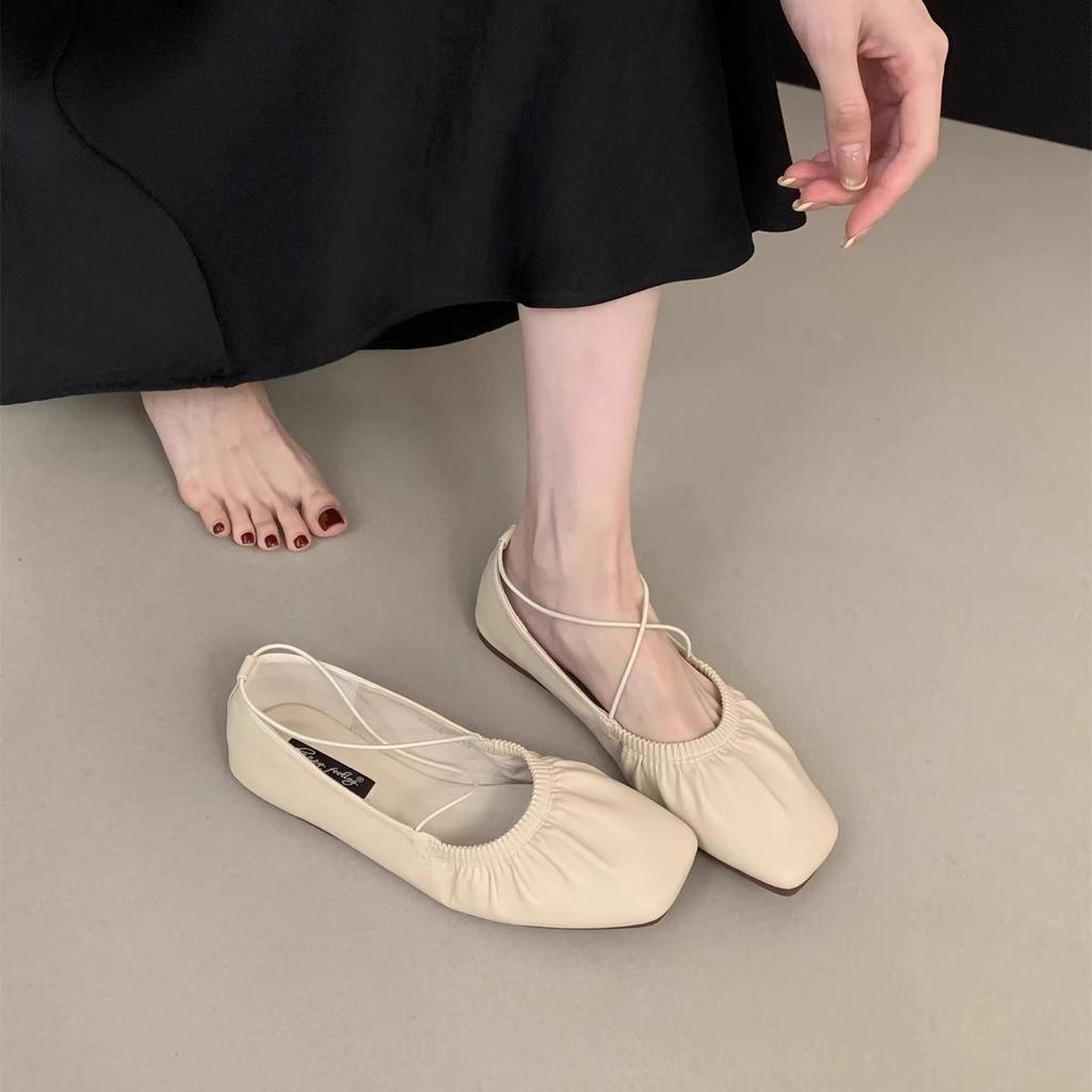 2025 new retro pleated square head retro flat-soled grandma shoes soft-soled single shoes fairy cross-strapped ballet shoes