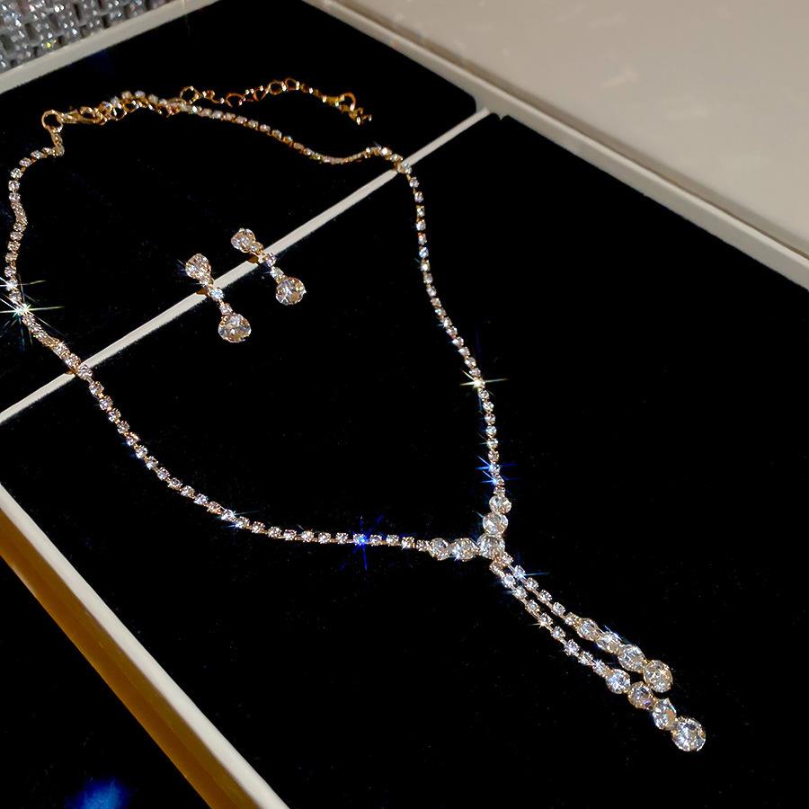 Luxury-Style Court Style Jewelry Set - Silver Needle Waterdrop Tassel Earrings, Pendant Necklace Set For Women - Wedding Jewelry Set