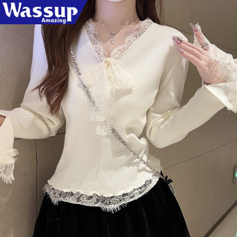 WASSUP AMAZING Women's V-Neck Lace-Trim Long Sleeve Tee