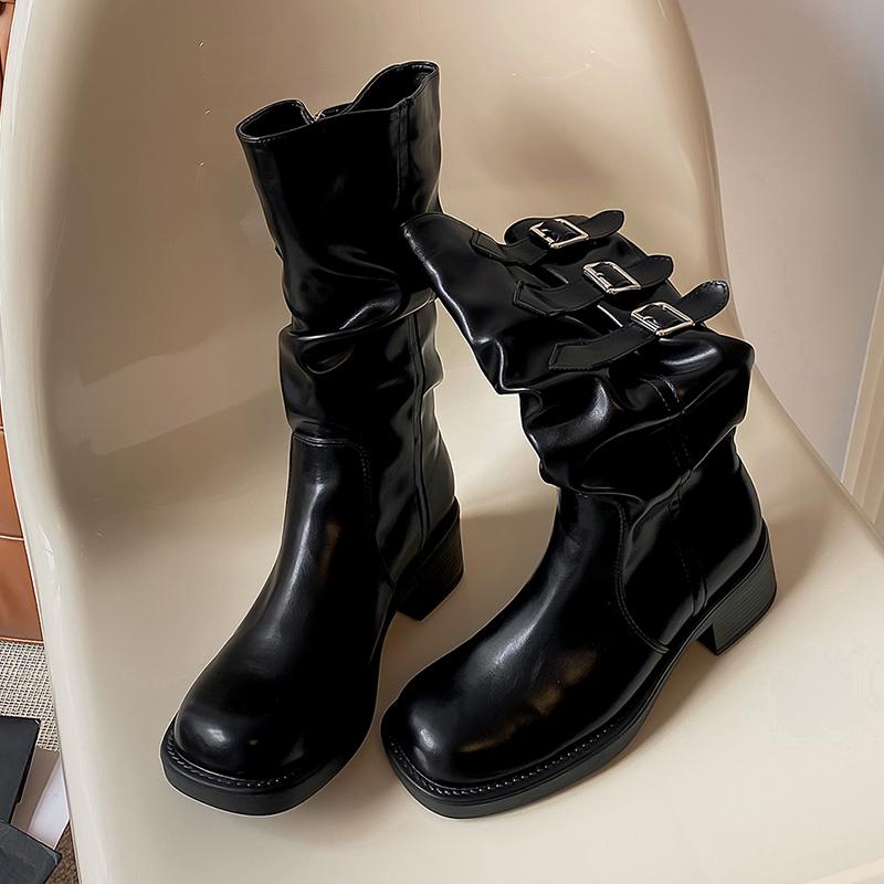 

Женские кожаные ботинки средней длины с пряжкой, массивные туфли для женщин 2025 года, трендовые зимние брендовые готические гладиаторские зимние мотоциклетные ботинки для женщин 40 чёрный
