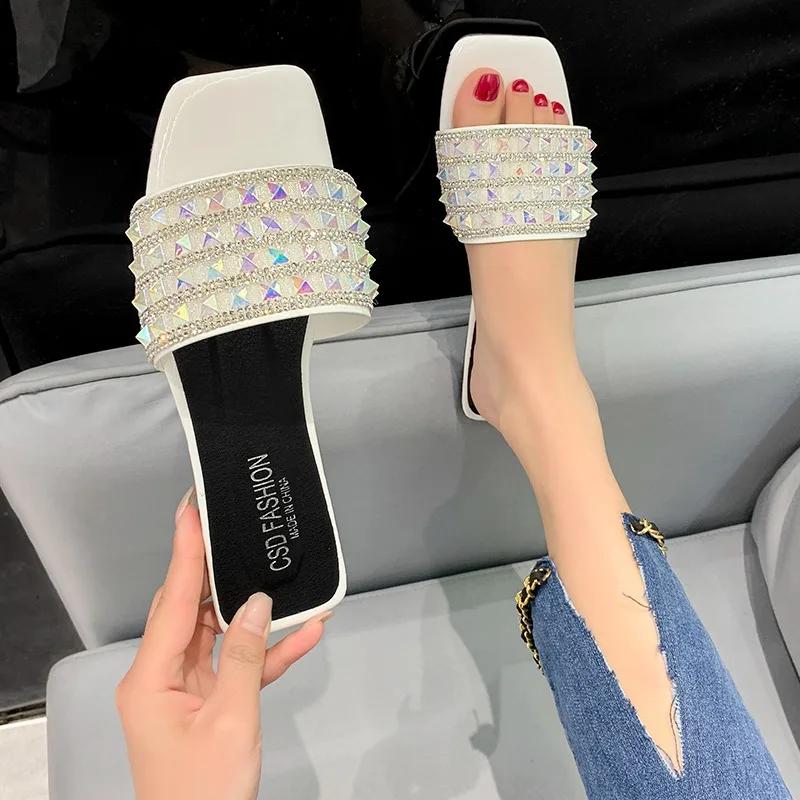 Fashion Summer Design Sweet Rhinestone Women Slippers Ladies Rivets Casual Flat Heels Sandals Black White Slides Non-slip Shoes 35 2767₽