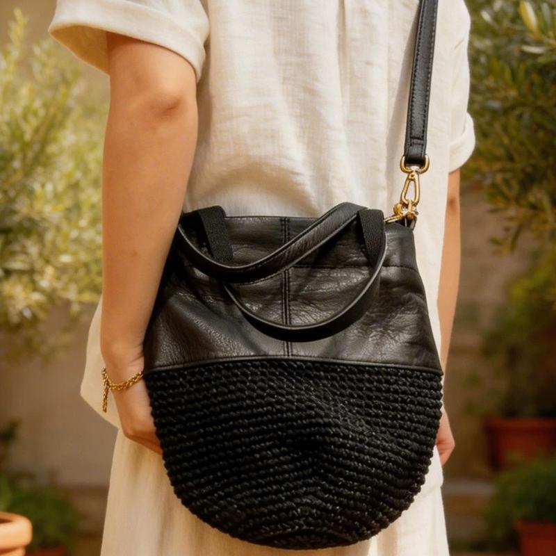 Original Design Bucket Bags for Women Soft Calfskin Wax Rope Braided Patchwork Handbag Fashion Drawstring Closure Crossbody Bag