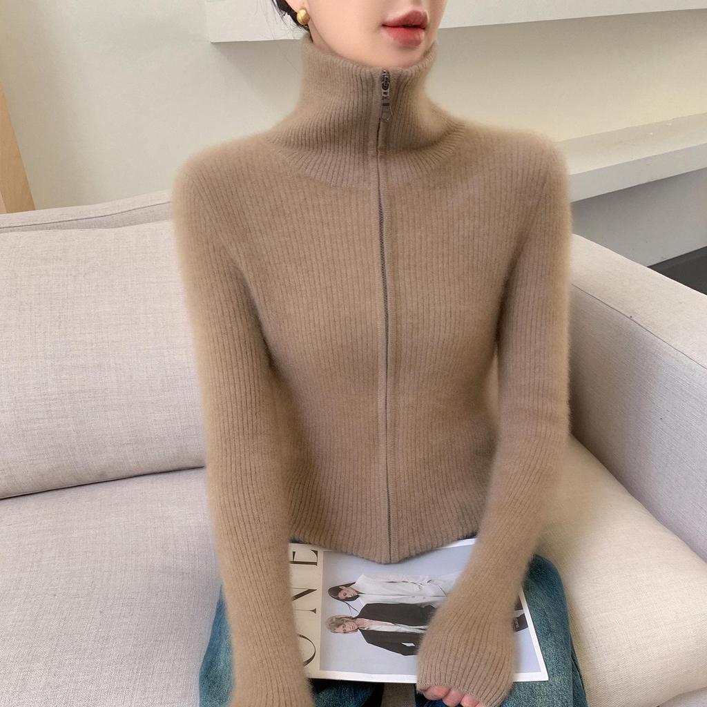 2025 Fall/Winter Women's Versatile Striped Cashmere Zipper Cardigan Sweater