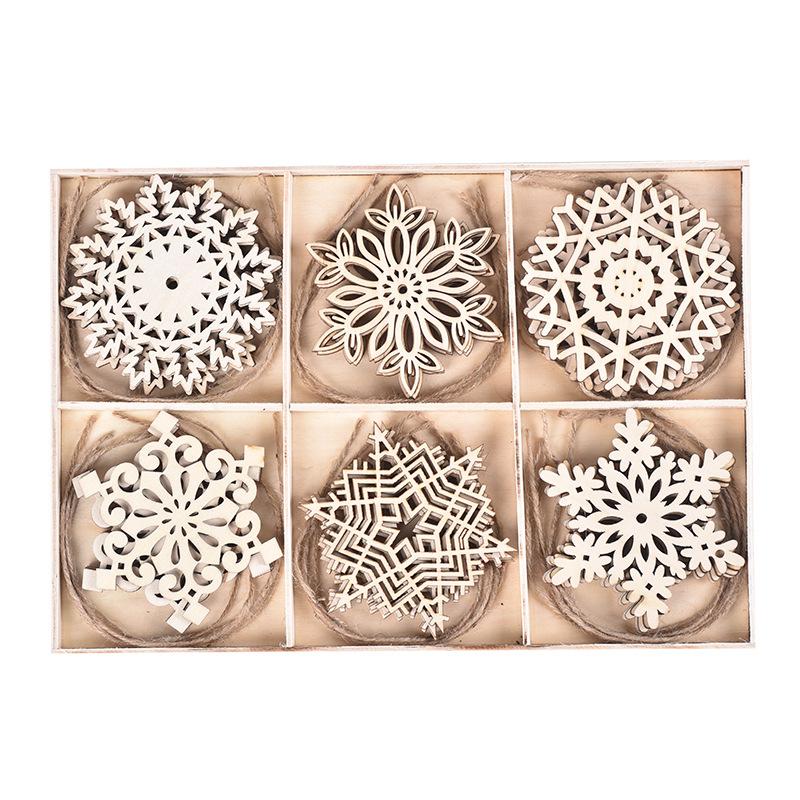 24pcs/box Christmas Wooden Snowflake Flake Hanging Can Doodle Diy Wooden Flake Christmas Decoration Hanging Decoration