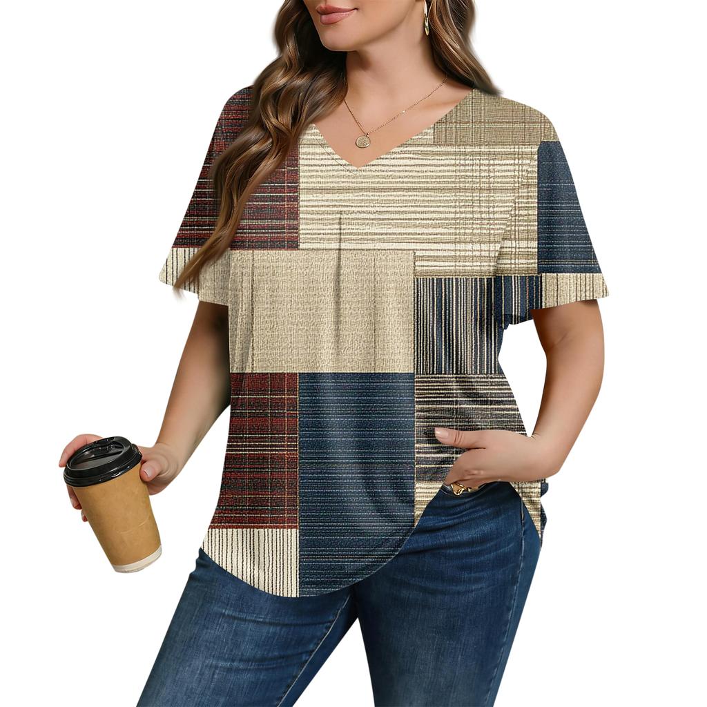 Women's Plus Size Fashionable Casual Loose-Fit Short Sleeve Elegant V Neck Blouse For Work